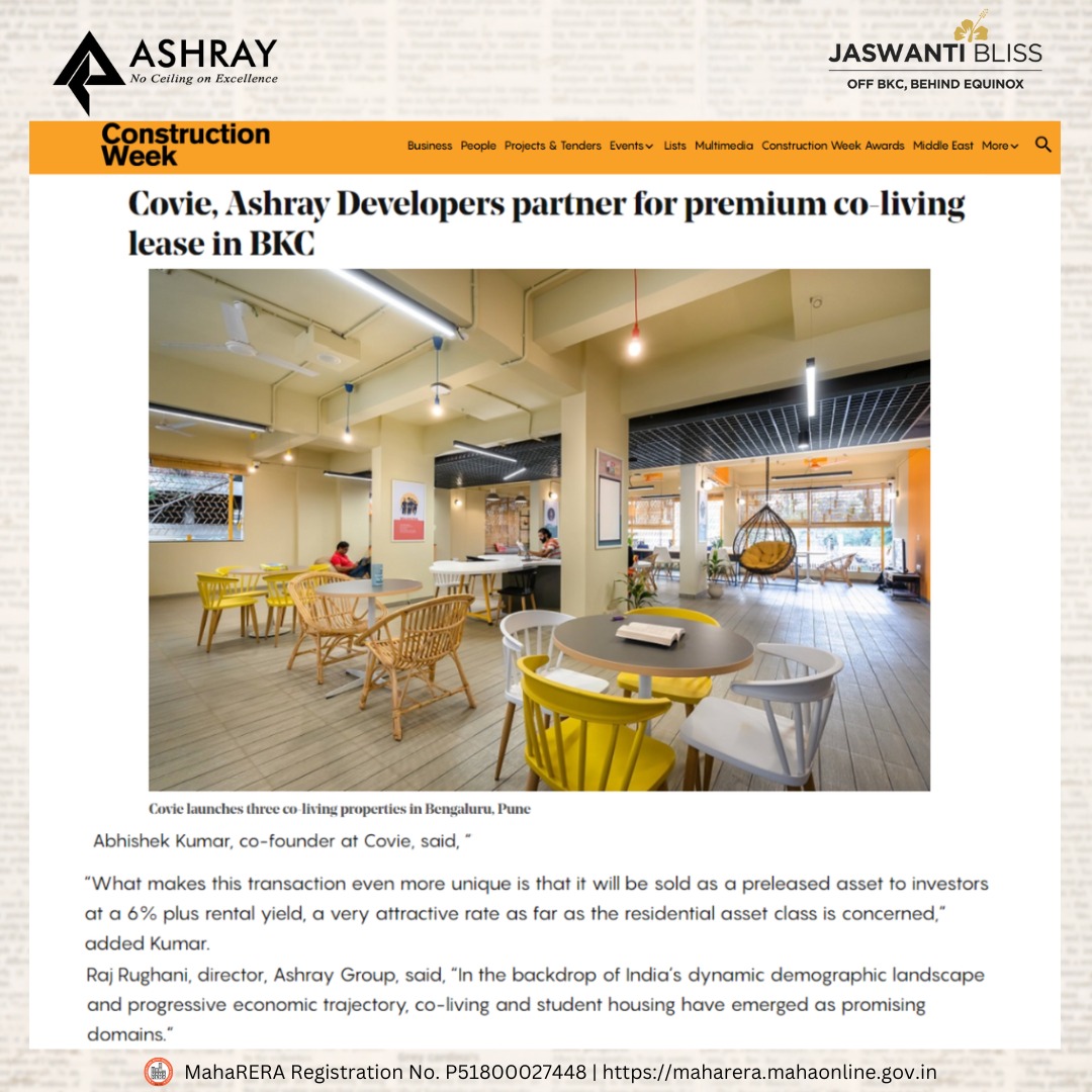 Covie, Ashray Developers partner for premium co-living lease in BKC