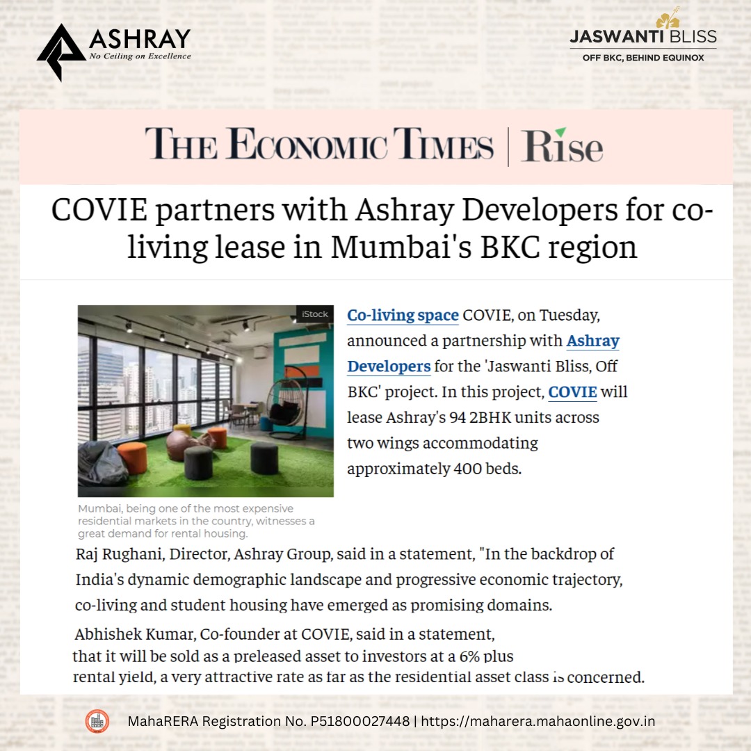 COVIE partners with Ashray Developers for co-living lease in Mumbai’s BKC region